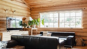 Interior de una cabaña de madera con televisión, sofá y plantas en macetas.