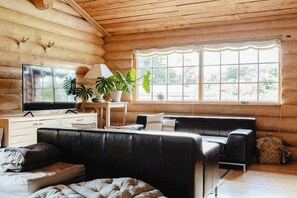 A log cabin interior with a TV, sofa, and potted plants. - Modern log cabin by Dalby Huse beach (Dalby Huse)