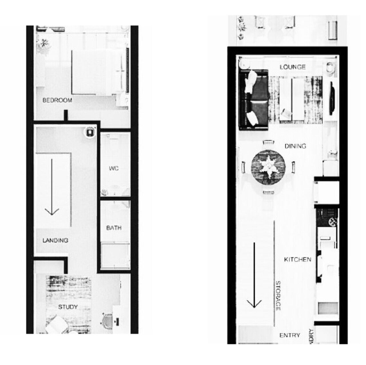 Plano de planta de un hotel con habitaciones identificadas, incluyendo dormitorio, baño, estudio, rellano, inodoro, comedor, sala de estar, cocina, almacenamiento y entrada.