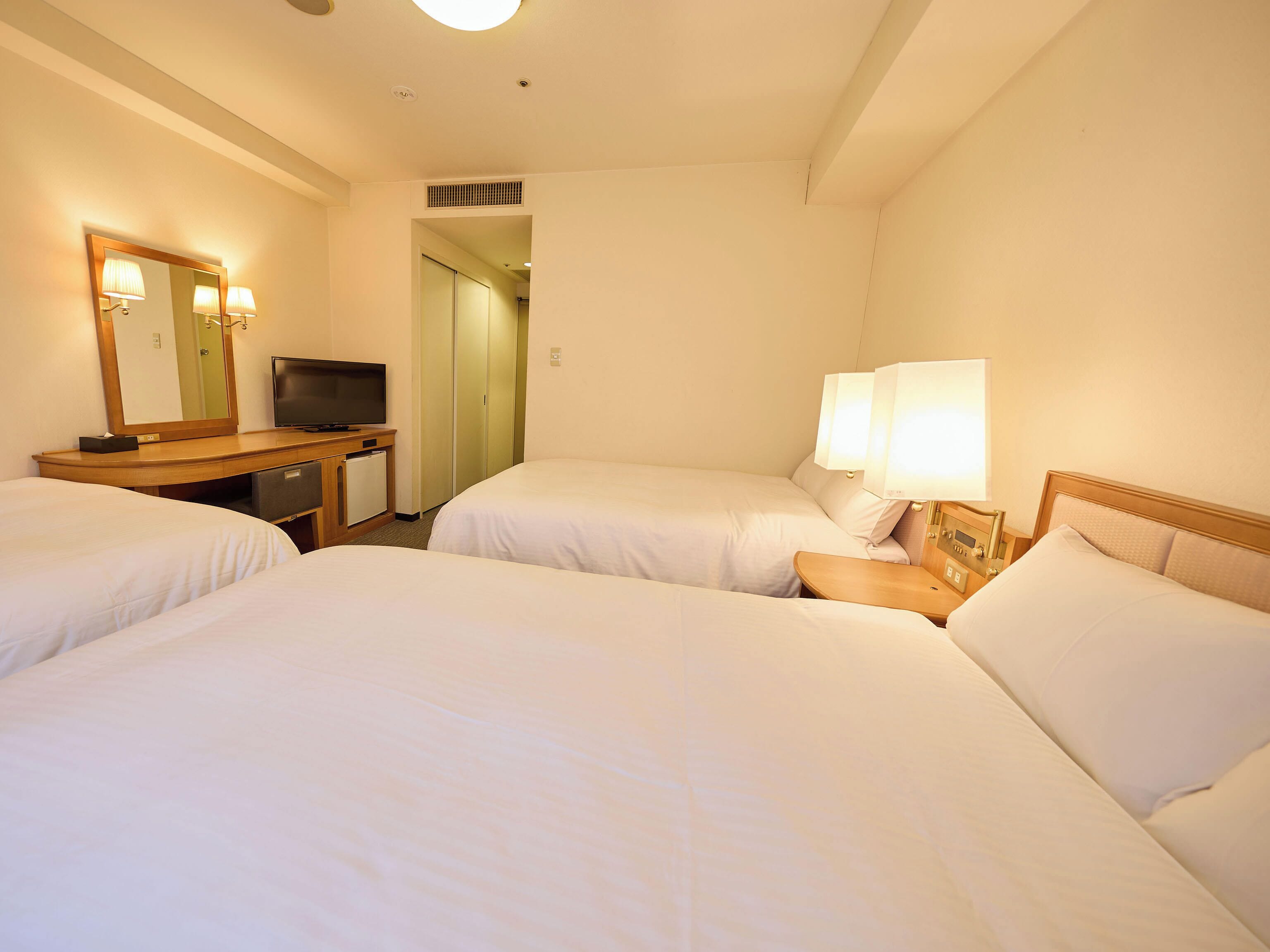 Una habitación de hotel con dos camas, un escritorio con televisor y un espejo.