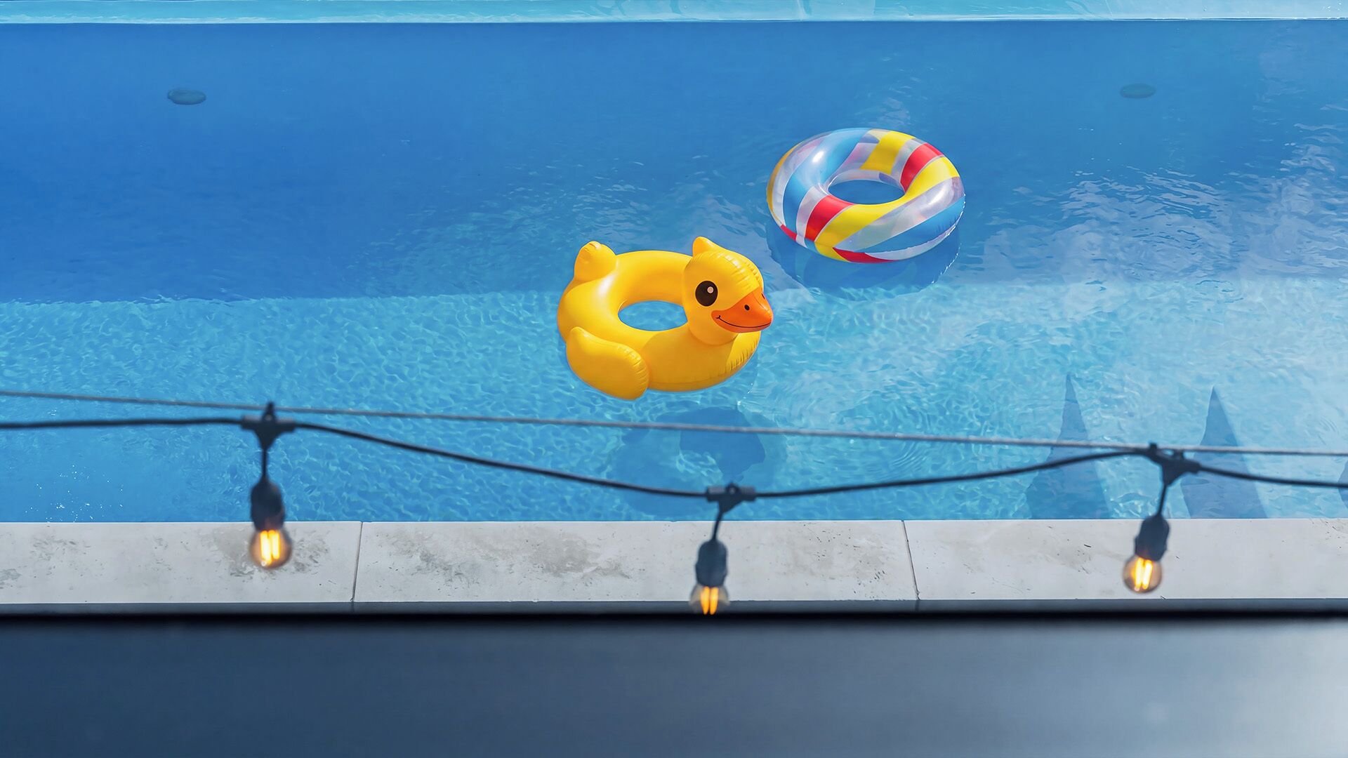A swimming pool with a duck float and a beach ball.