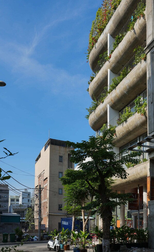 Un edificio de varios pisos con balcones decorados con plantas, un árbol en primer plano y un cielo azul despejado.