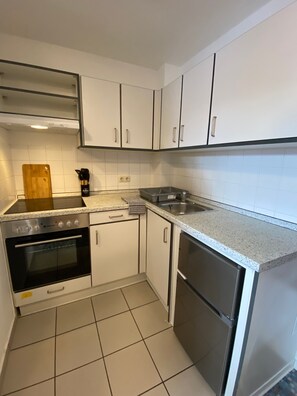 Frigorífico, microondas, horno y placa de cocina