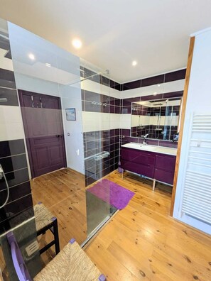 Shower, hair dryer, soap, shampoo