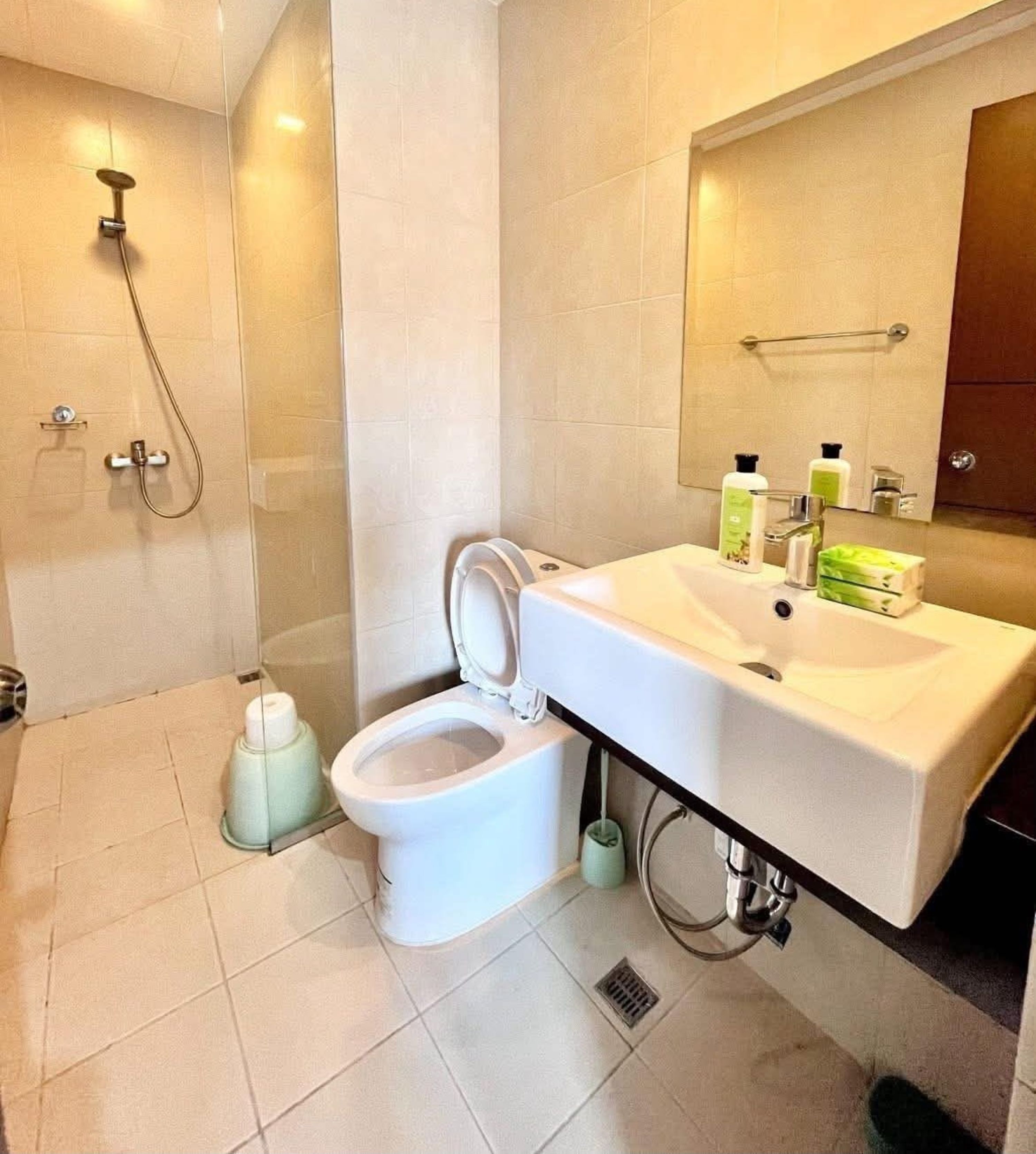Une salle de bain équipée de toilettes, d’un lavabo, d’un miroir et d’une douche.