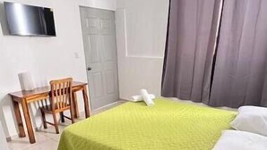 A bedroom with a bed, a desk, a chair, a TV, and a curtain. - Apartment in San Salvador (San Salvador)