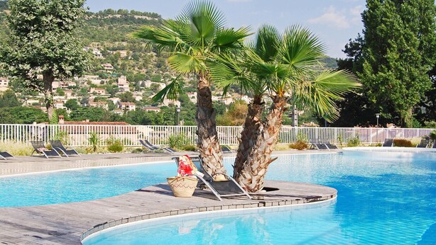 Une piscine bordée de palmiers, avec des chaises longues et une terrasse en bois.