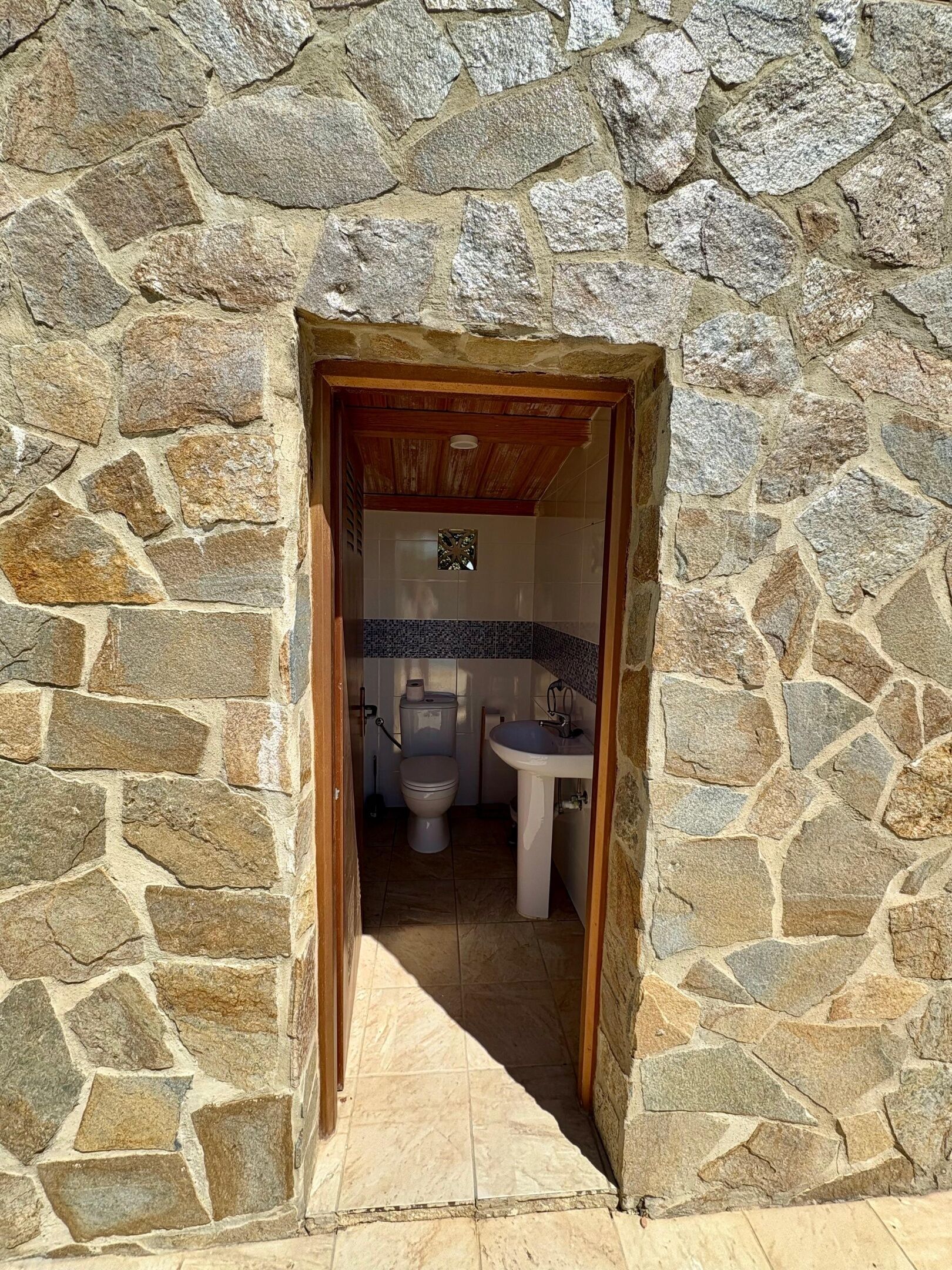 Ein Badezimmer mit steinverkleideten Wänden, einer Toilette und einem Waschbecken.