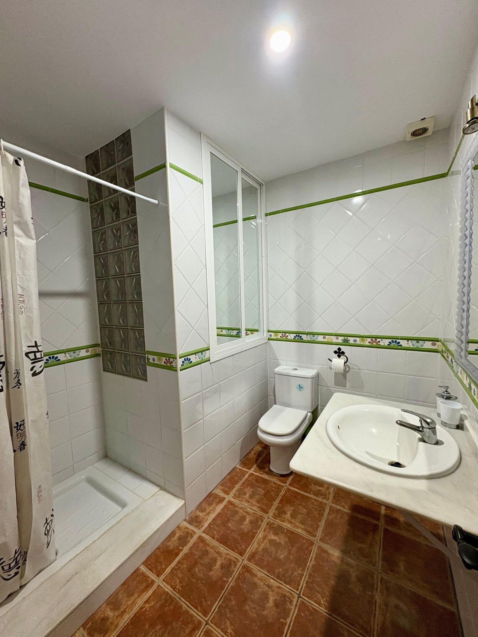 A bathroom with a shower, toilet, sink, and a mirror.