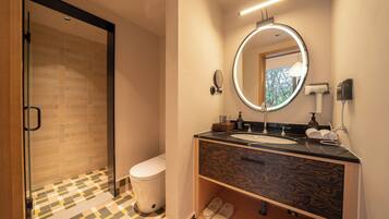 A modern bathroom with a glass shower, a toilet, a sink with a vanity, and a mirror with a light.