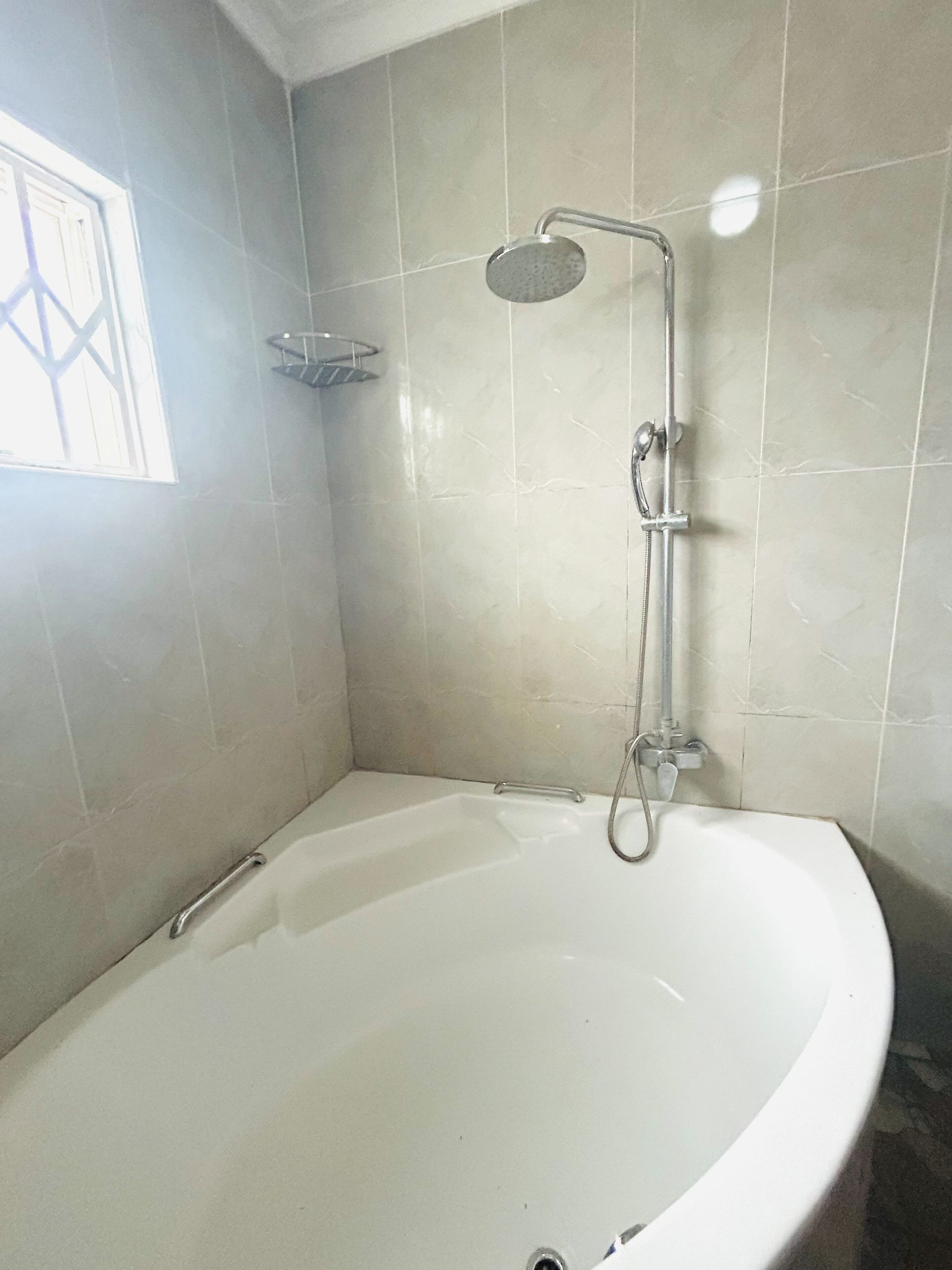 Shower, towels, soap, toilet paper