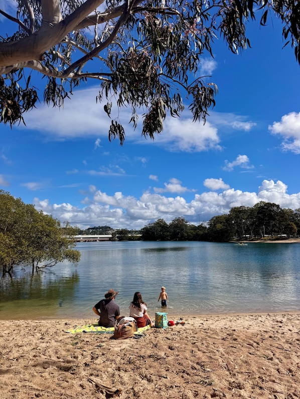 Una playa con gente sentada sobre una manta, un árbol y un lago tranquilo.