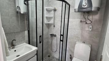 Combined shower/bathtub, hair dryer, towels, toilet paper