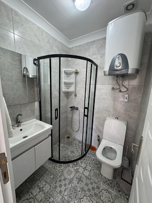 A bathroom with a glass shower enclosure, a toilet, a sink, and a white heater.