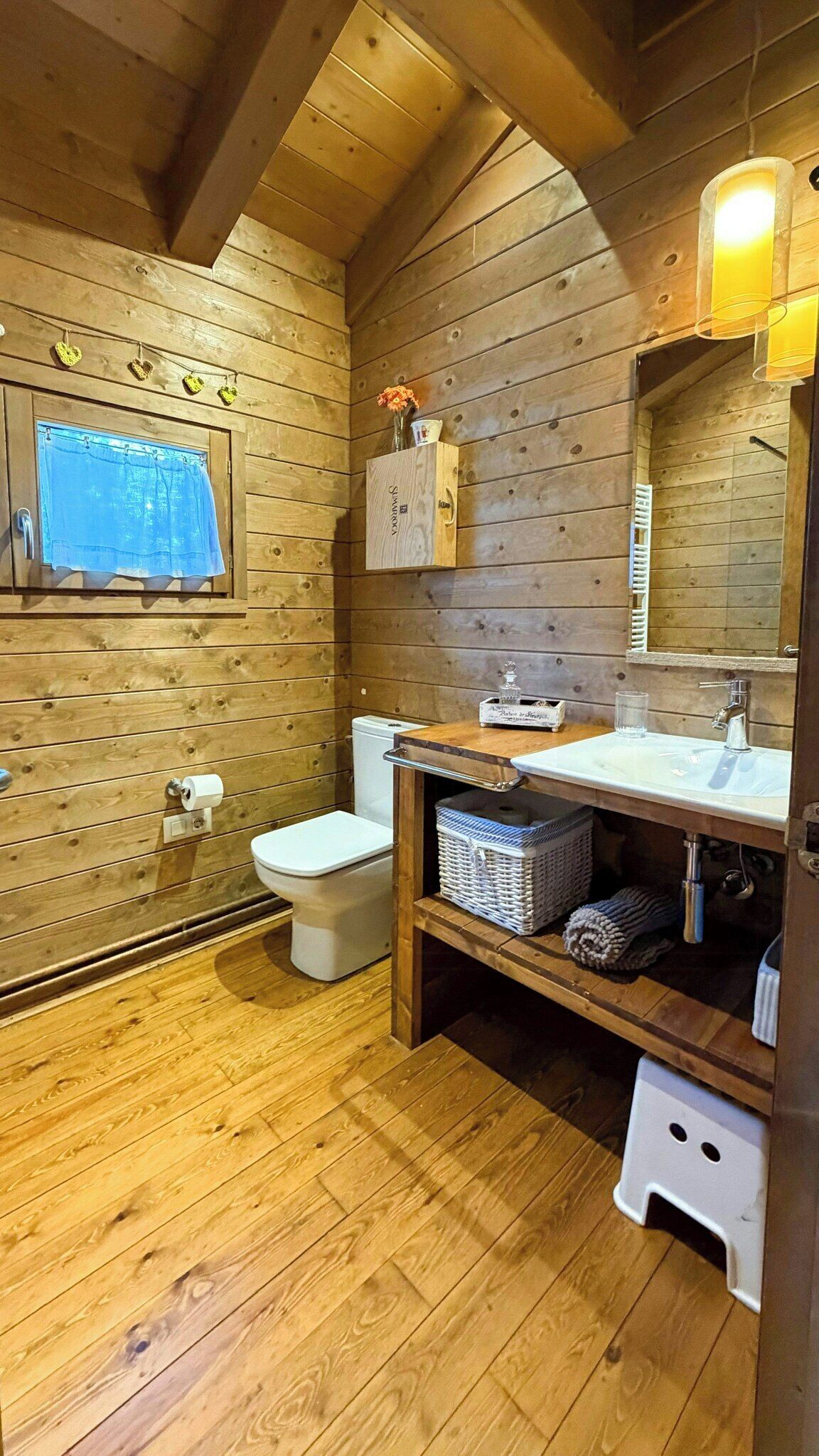Une salle de bain rustique, aménagée dans une cabane en bois, avec des toilettes, un lavabo et un miroir.