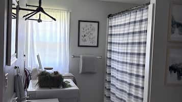 Hair dryer, towels, soap, toilet paper