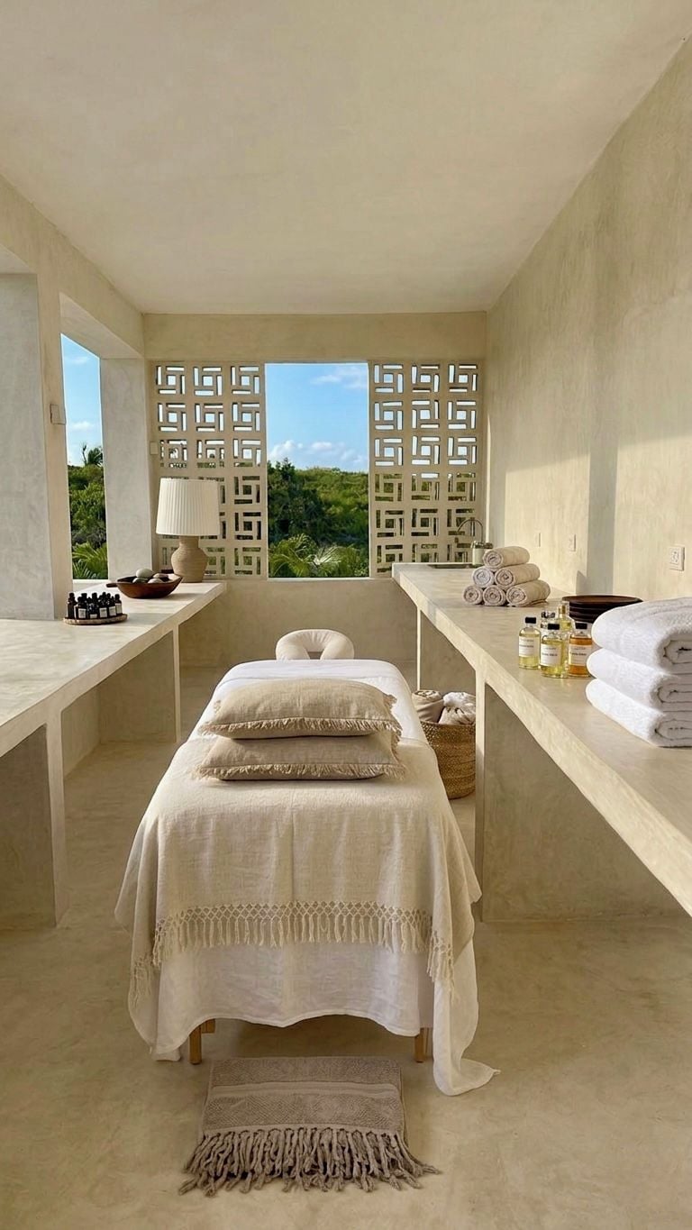 Un cuarto de spa con una camilla de masaje, toallas, botellas y vistas al follaje.