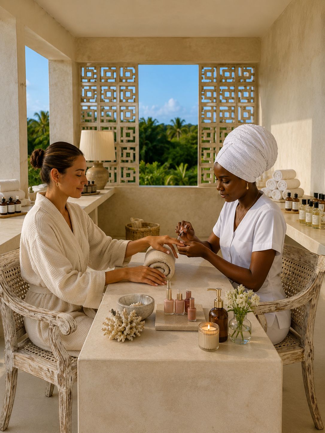 A spa setting with two individuals seated at a table, one receiving a manicure.