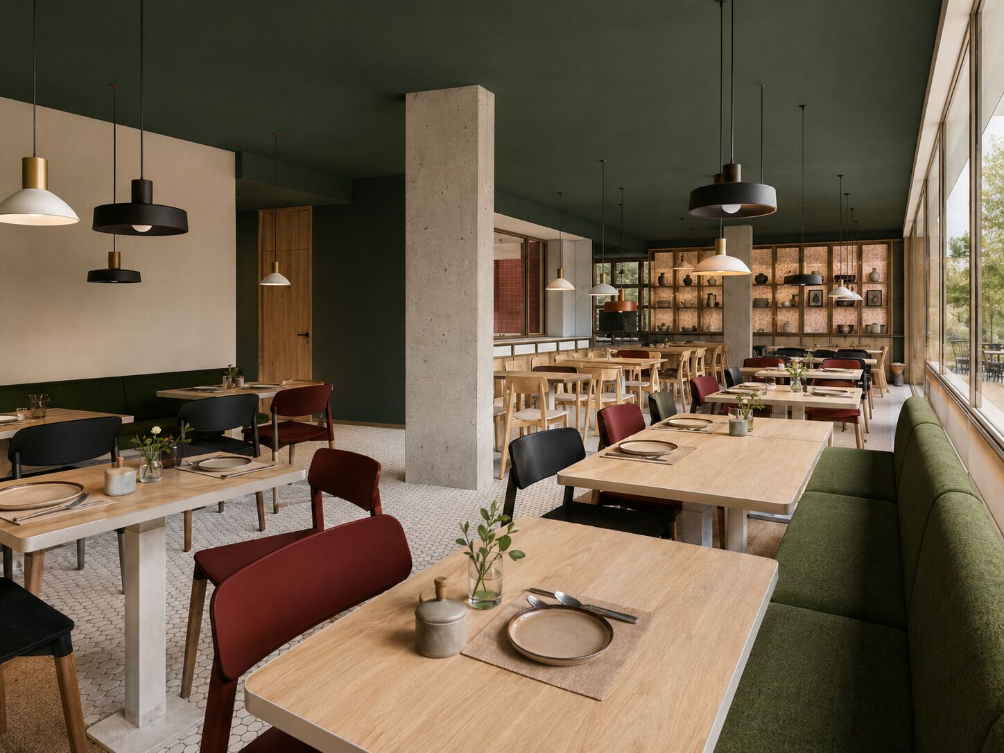 Un restaurant spacieux avec de hauts plafonds, des luminaires suspendus et une vue dégagée grâce à de grandes fenêtres.