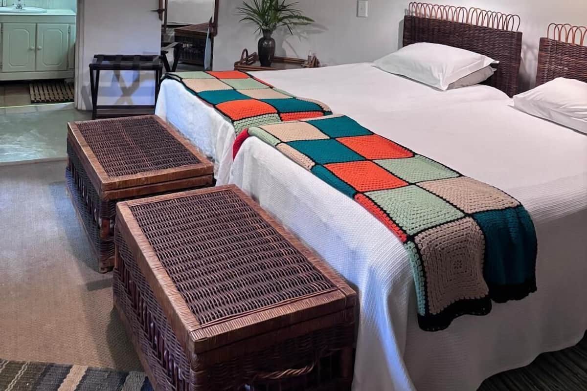 Una habitación con una cama, dos lámparas colgantes, un cuadro, una planta y muebles de mimbre.