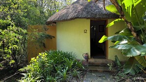 A small building with a thatched roof, surrounded by lush greenery and a stone pathway leading to the entrance. - Old Joe's Kaia (Mbombela)