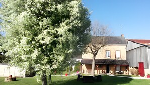 Un árbol grande frente a un edificio con una puerta roja y un porche cubierto.
