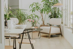 Une pièce comprenant une table à manger, des chaises, une plante en pot, un canapé et une fenêtre.