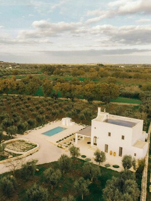 A modern white villa with a swimming pool, surrounded by olive groves and a clear sky. - Farmhouse with pool in olive grove near Ostuni (Ostuni)