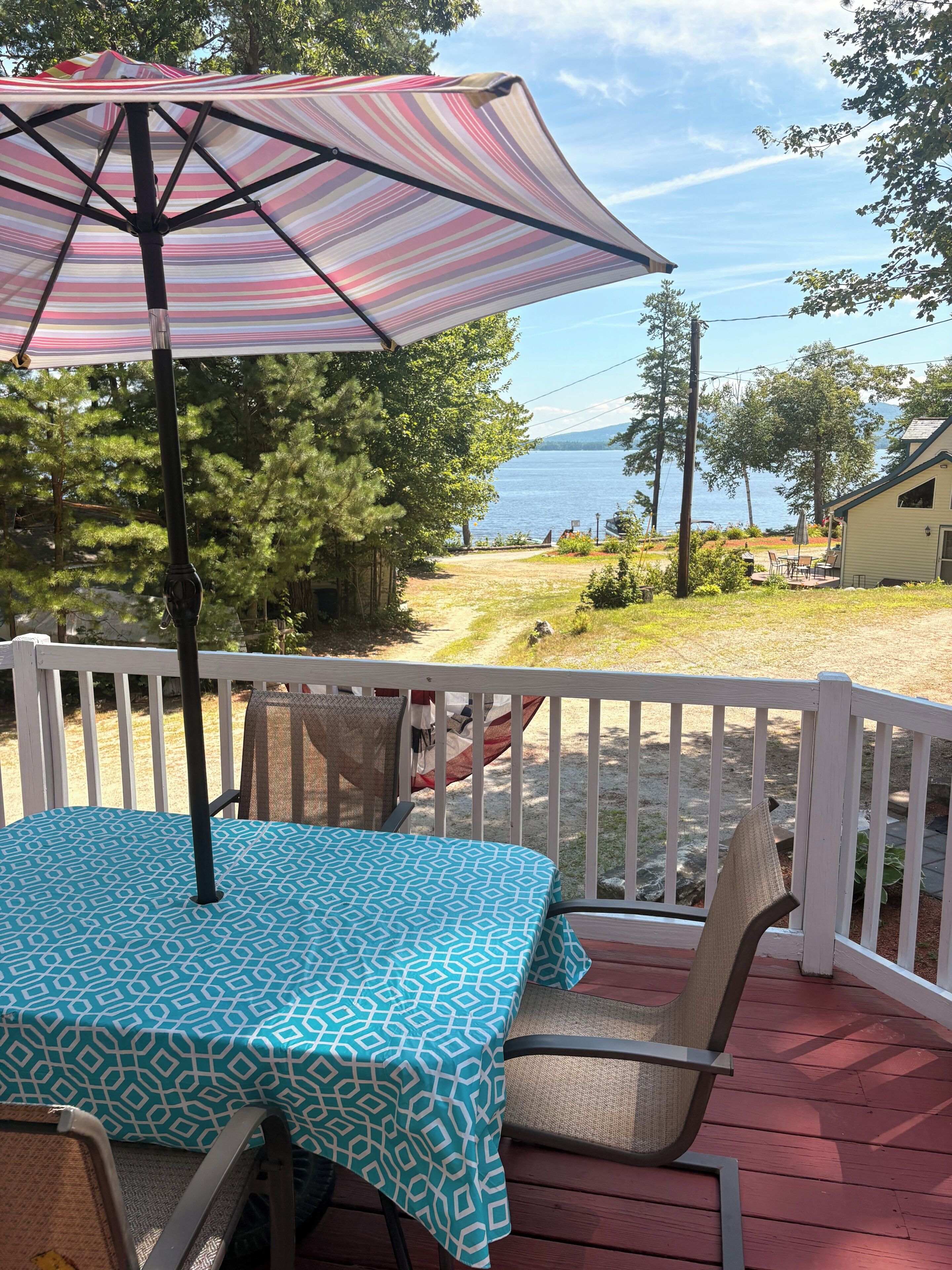 A patio with a table and chairs, an umbrella, and a view of a lake.