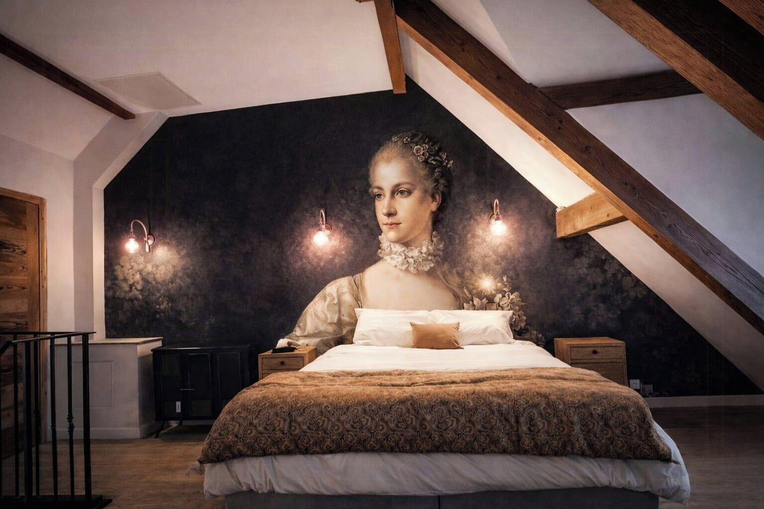 A bedroom with a sloped ceiling, a bed with a patterned bedspread, bedside tables, and wall-mounted lighting.