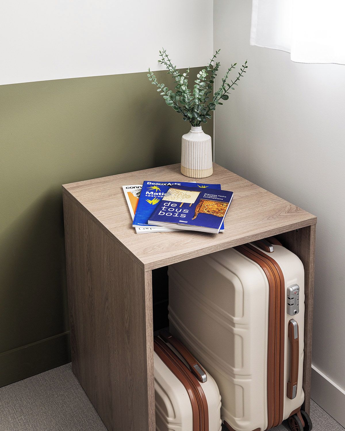 A corner desk with a suitcase underneath, a vase with green foliage, and two books titled 'Beaux Arts' and 'Matis de Saint-Phare.'