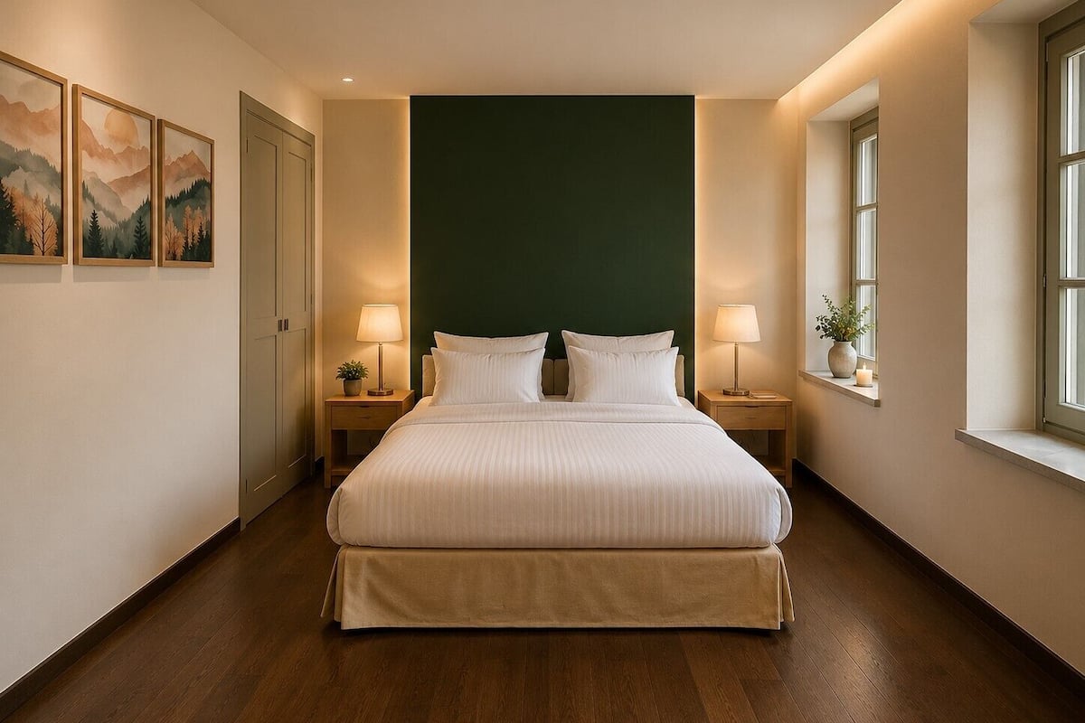 Una cama grande con cabecera, dos mesitas de noche con lámparas, una ventana con vistas y cuadros en la pared.