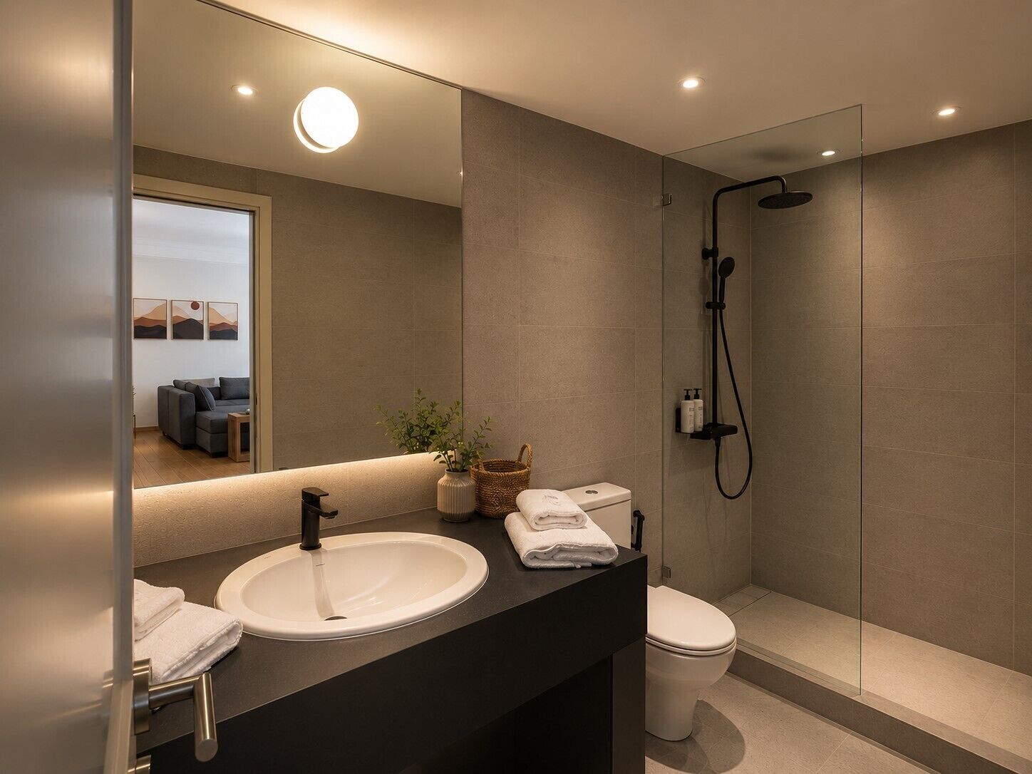 A modern bathroom with a large mirror, a sink, a toilet, and a shower.