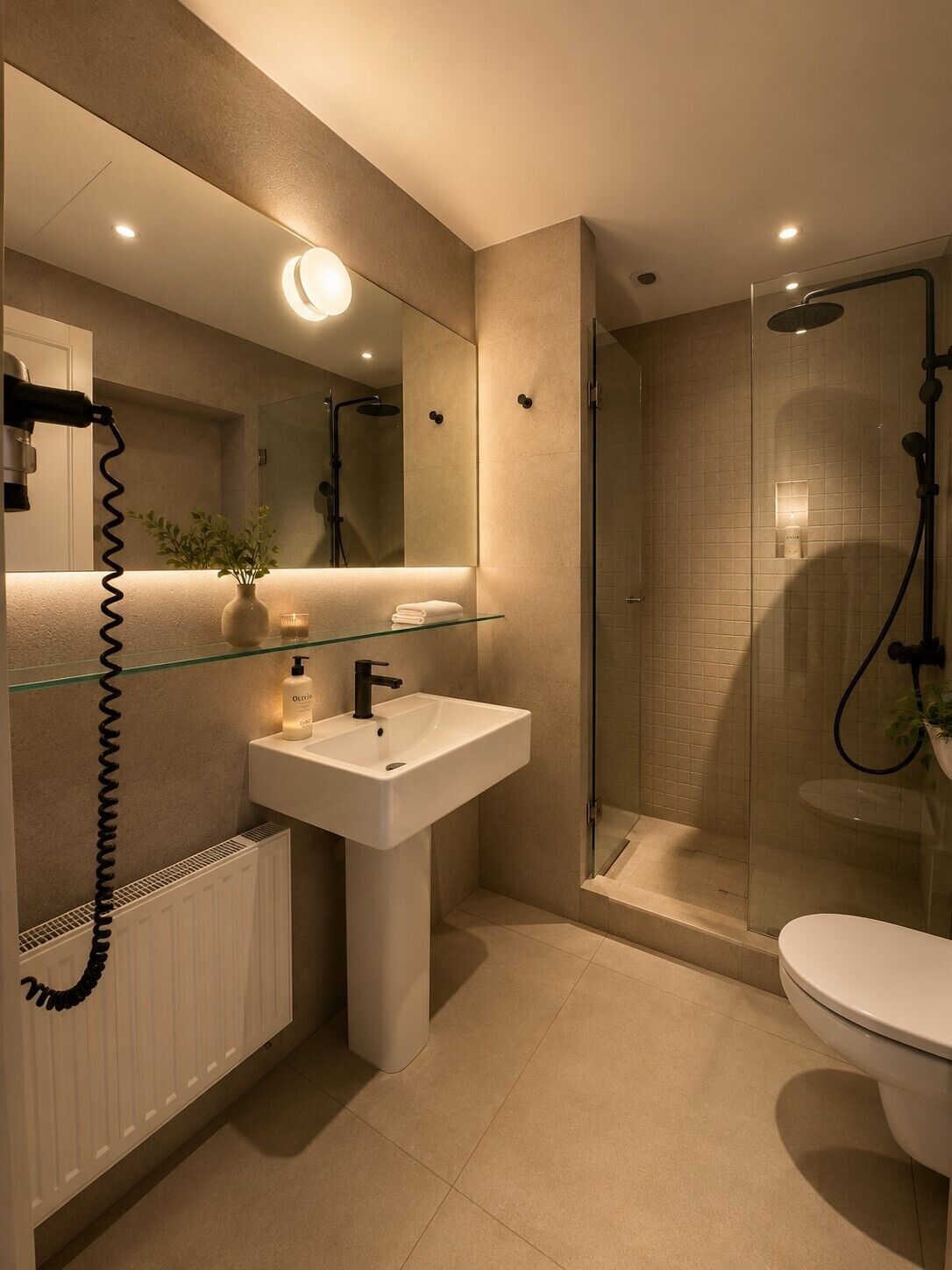 A modern bathroom with a glass shower enclosure, a white sink, and a toilet.