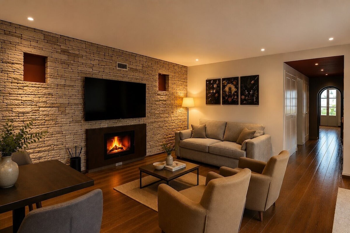 Una sala de estar con pared de piedra, chimenea, televisor de pantalla plana, sofá y mesa de centro.