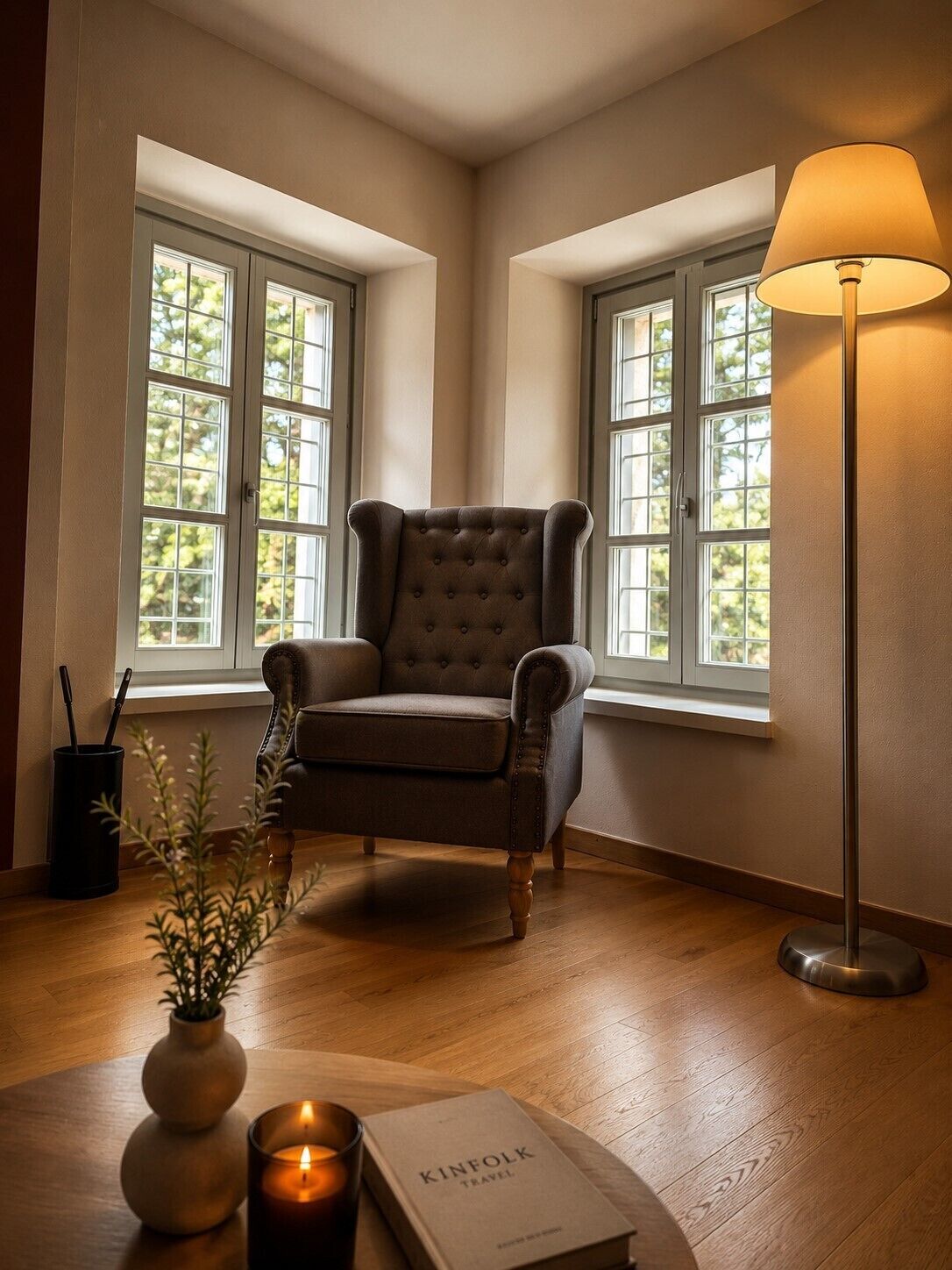 Una habitación de esquina con un sillón capitoné, una lámpara de pie, un libro y una vela sobre una mesa.