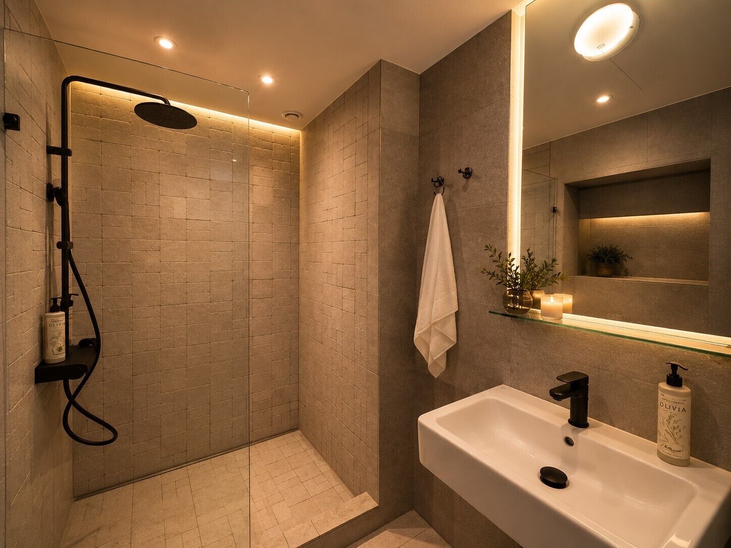 Un baño moderno con ducha de vidrio, lavamanos blanco y espejo con repisa superior.