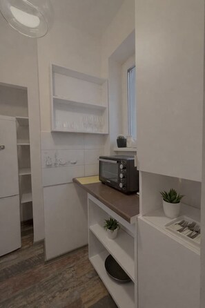Eine kompakte Küche mit eingebautem Toaster, einem kleinen Fenster und einem Blumentopf.