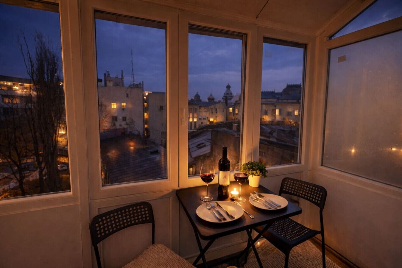 Un coin repas avec une table mise pour deux, une bouteille de vin et une bougie. Il y a deux chaises et une plante en pot sur la table.