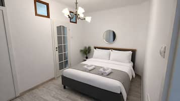 Une chambre à coucher moderne avec un lit, un lustre, un miroir rond et une porte dotée de panneaux en verre dépoli.