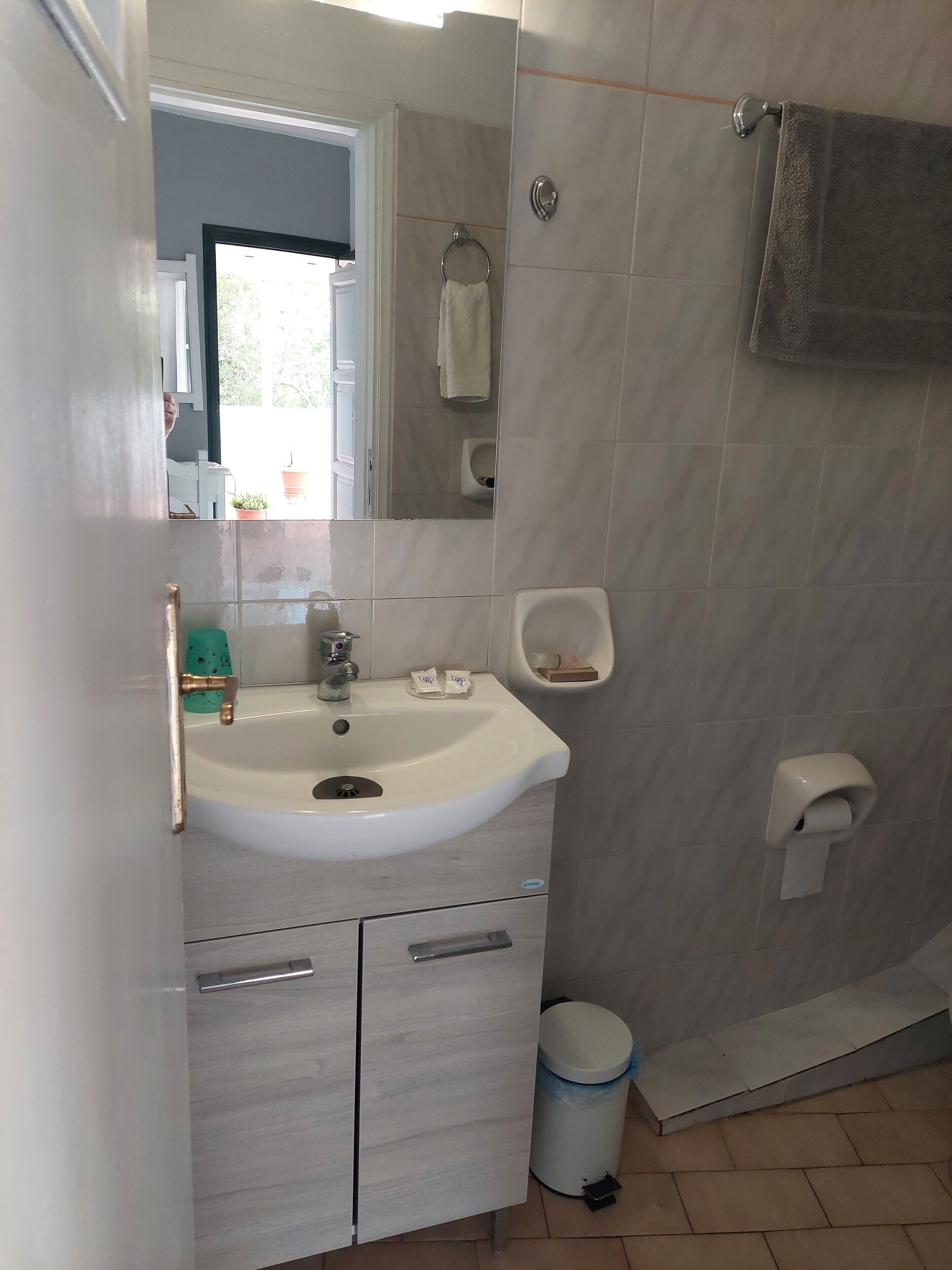 Un baño con lavamanos, espejo, toallero, dispensador de papel higiénico y un cubo de basura.