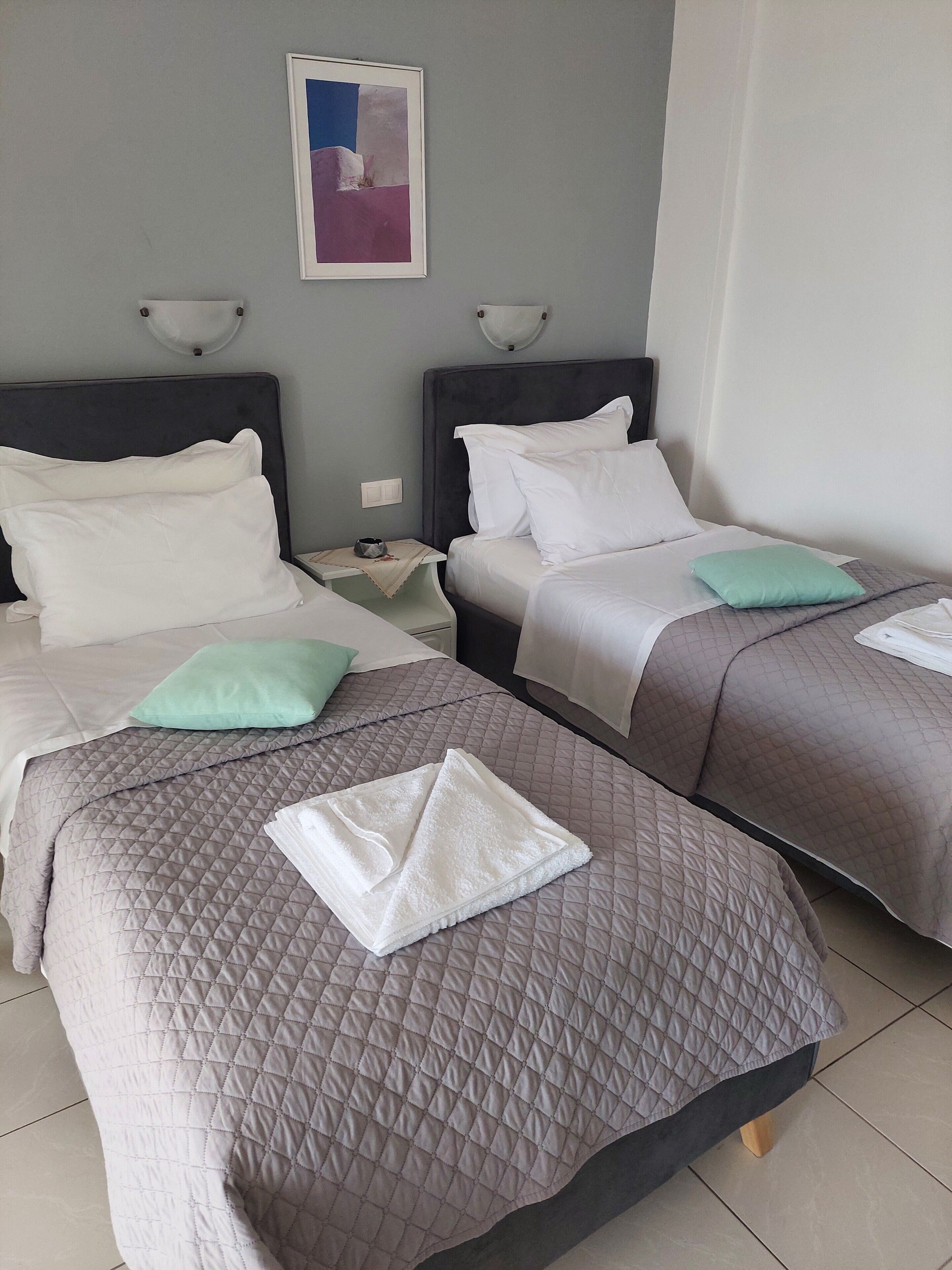 Two twin beds with grey quilts and white pillows, a framed picture on the wall, and a bedside table with a lamp.