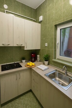A kitchen with green tiles, a stove, a sink, cabinets, a window, and a coffee maker. - The Warmth Loft | Central Apartment (Bucharest)
