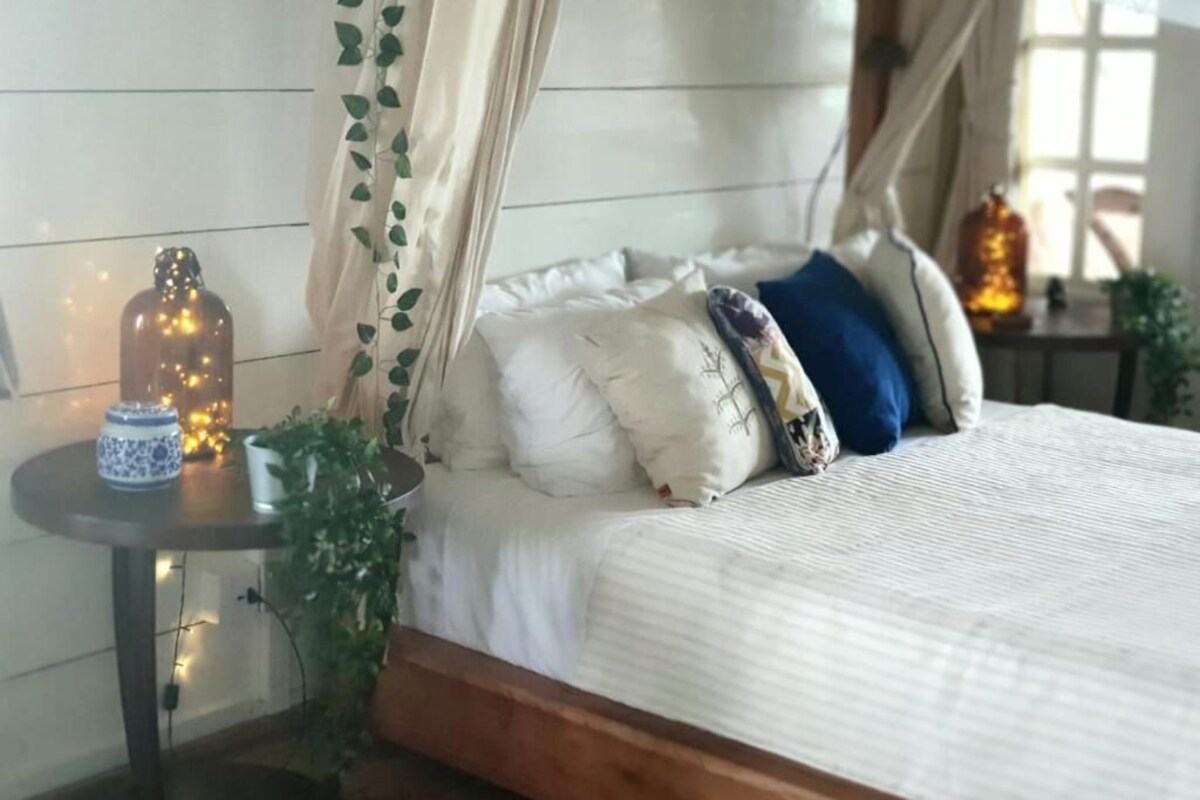 Un lit à baldaquin, une table de chevet avec une bouteille et un récipient bleu et blanc, et une plante.