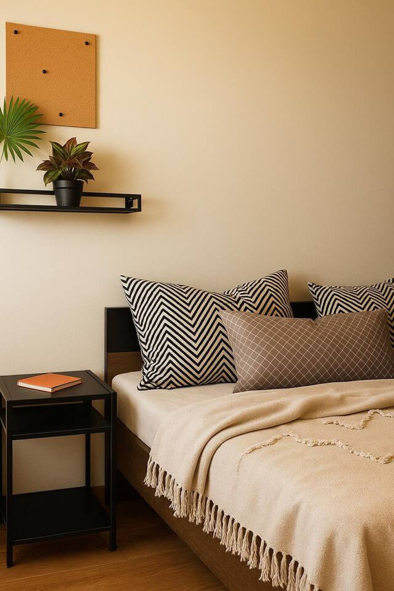 Une chambre à coucher comprenant un lit, des oreillers, une table de chevet, une étagère fixée au mur avec une plante et un tableau d’affichage en liège.