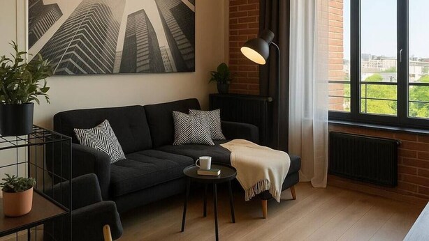 Ein modernes Wohnzimmer mit einem schwarzen Sofa, einem Couchtisch, einer Stehlampe und einem großen Fenster mit Blick auf Gebäude.