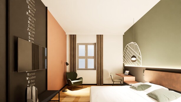 A hotel room with a bed, a desk, a chair, a TV, and a wall with text. - Essential by Dorint Mannheim Taylor Park (Mannheim)