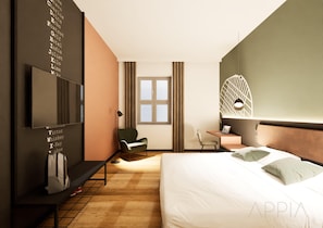 A hotel room with a bed, a desk, a chair, a TV, and a wall with text. - Essential by Dorint Mannheim Taylor Park (Mannheim)