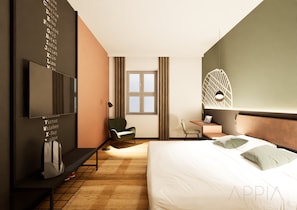 Une chambre d’hôtel moderne équipée d’un lit, d’un bureau, d’une chaise, d’un téléviseur et d’un mur orné de texte.