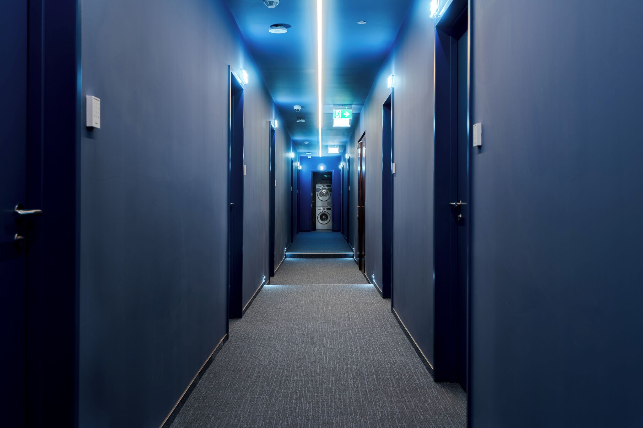 A hotel hallway with blue walls, carpeted floors, and doors on both sides.